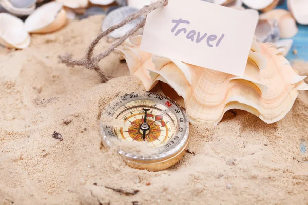 Compass in the sand with Message - Travel — Stock Photo, Image