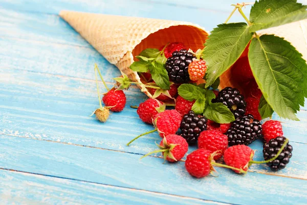 Gofres con fruta fresca de bayas y hoja de menta — Foto de Stock