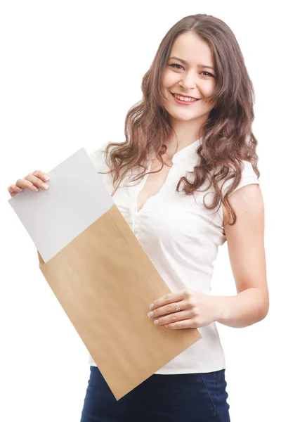 Jeune femme d'affaires attrayante avec des documents, isolé sur fond blanc — Photo