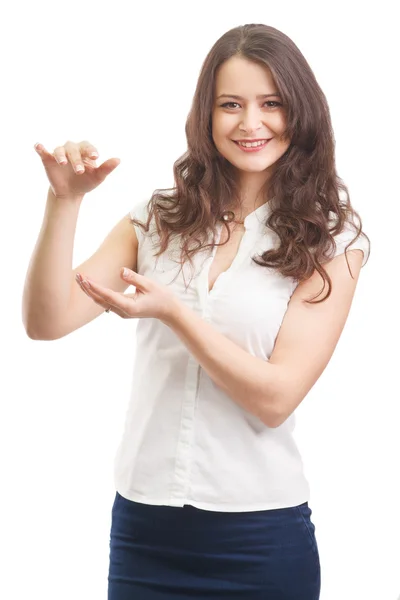 Woman showing something with two hand isolated on white — Stock Photo, Image