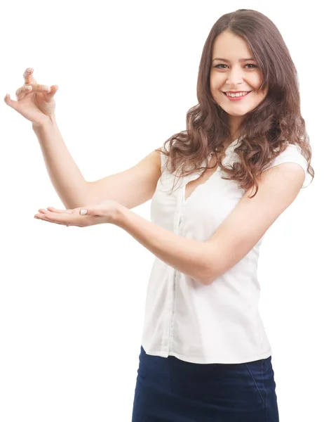 Woman showing something with two hand isolated on white — Stock Photo, Image