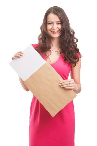 若い魅力的なビジネス文書、白い背景で隔離の女性 — ストック写真