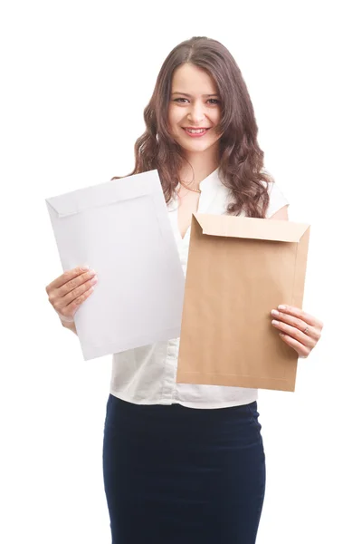 Jovem mulher de negócios atraente com documentos, isolado no fundo branco — Fotografia de Stock