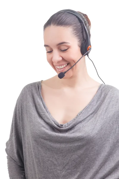 Portrait of happy smiling cheerful young support phone operator, isolated on white background — Stock Photo, Image