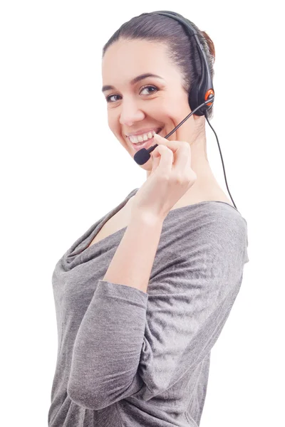 Portret van gelukkig lachend vrolijke jonge ondersteuning telefoon operator — Stockfoto