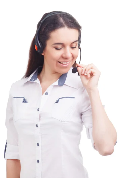 Portrait of happy smiling cheerful young support phone operator — Stock Photo, Image