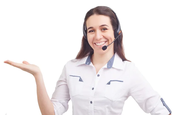 Portret van gelukkig lachend vrolijke jonge ondersteuning telefoon operator — Stockfoto