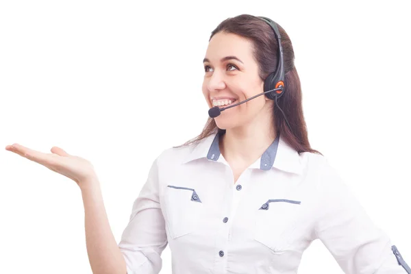 Portrait of happy smiling cheerful young support phone operator — Stock Photo, Image