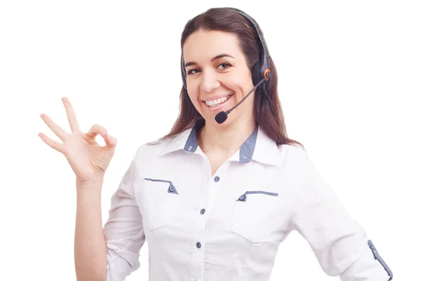 Portrait of happy smiling cheerful young support phone operator — Stock Photo, Image