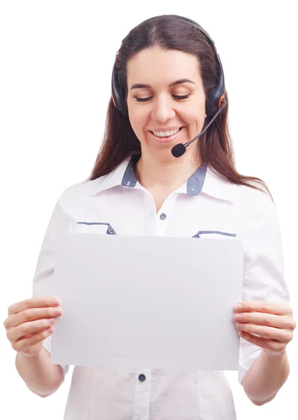 Portrait of happy smiling cheerful young support phone operator — Stock Photo, Image