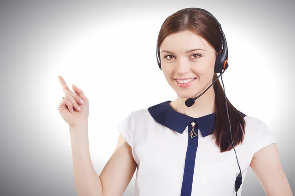 Portrait of happy smiling cheerful young support phone operator — Stock Photo, Image