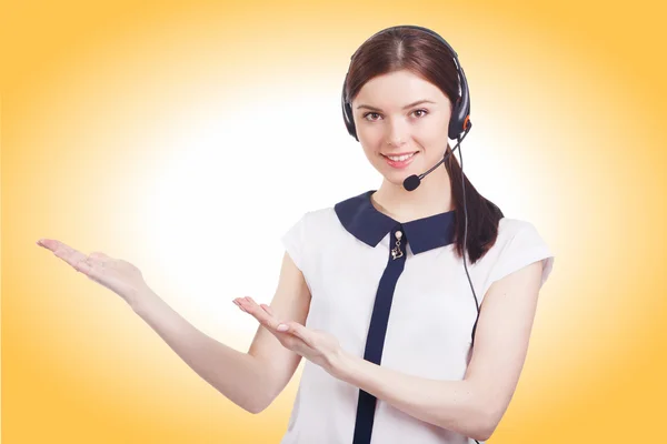 Portrait of happy smiling cheerful young support phone operator — Stock Photo, Image