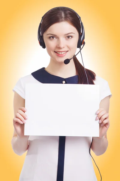 Portret van gelukkig lachend vrolijke jonge ondersteuning telefoon operator — Stockfoto