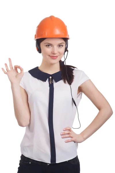 Portrait of happy smiling cheerful young support phone operator in builder helmet — Stock Photo, Image