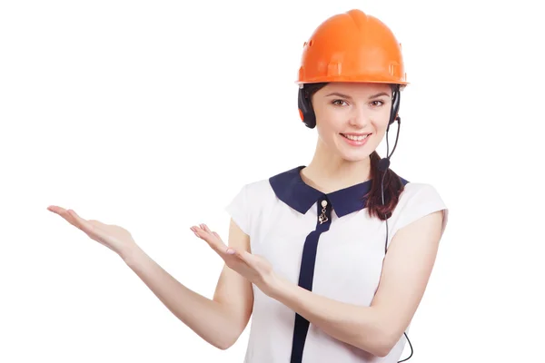 Retrato de feliz alegre joven operador de telefonía de apoyo en el casco del constructor —  Fotos de Stock