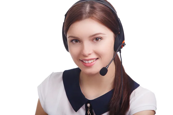 Portrait of happy smiling cheerful young support phone operator — Stock Photo, Image