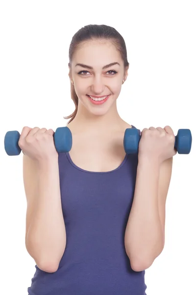 Smiling girl holding weights — Stock Photo, Image