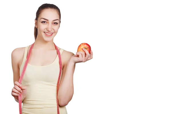 Beautiful girl with juice and apple — Stock Photo, Image