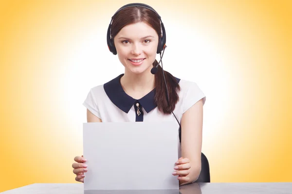 Portrait of happy smiling cheerful young support phone operator — Stock Photo, Image