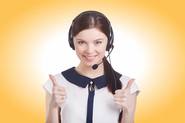 Portrait of happy smiling cheerful young support phone operator — Stock Photo, Image