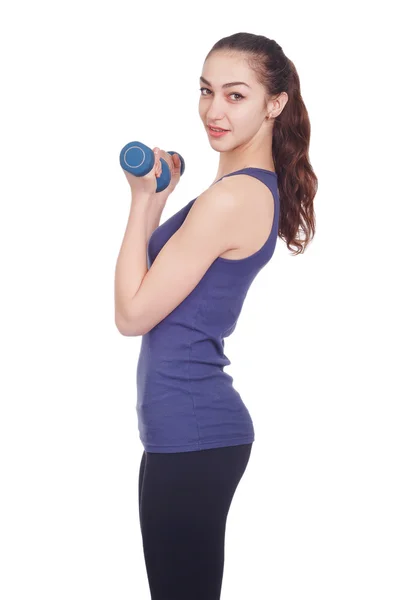 Smiling girl holding weights — Stock Photo, Image