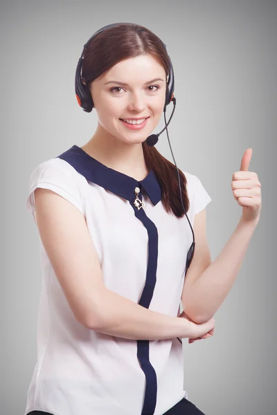 Portrait of happy smiling cheerful young support phone operator — Stock Photo, Image