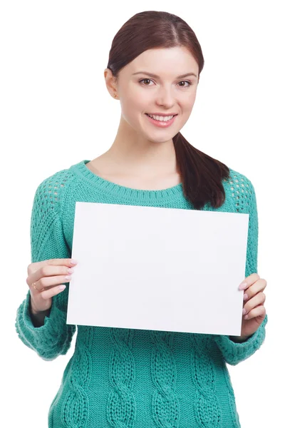 Młoda piękna dziewczyna trzymając transparent biały — Zdjęcie stockowe