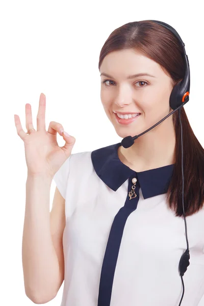 Portret van gelukkig lachend vrolijke jonge ondersteuning telefoon operator — Stockfoto