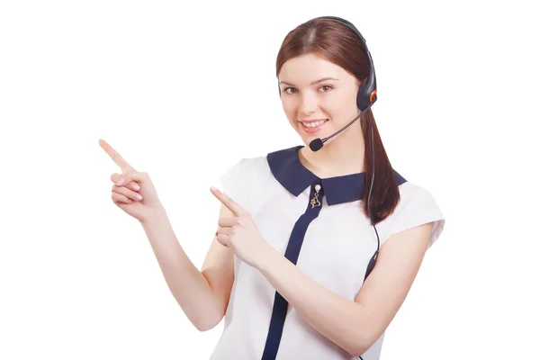 Portrait of happy smiling cheerful young support phone operator — Stock Photo, Image