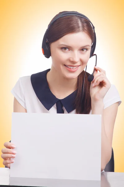 Smiling cheerful young support phone operator hold a banner — Stock Photo, Image