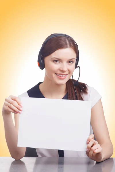 Smiling cheerful young support phone operator hold a banner — Stock Photo, Image