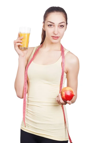 Beautiful girl with juice and apple — Stock Photo, Image
