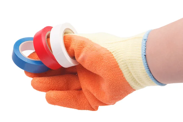 Hand in glove holding duct tape — Stock Photo, Image