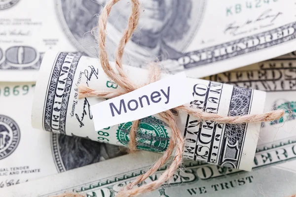 Χρήματα και επιχειρηματική ιδέα, τους λογαριασμούς δολαρίων δεμένο με ένα σχοινί, με ένα σημάδι - χρήματα — Φωτογραφία Αρχείου