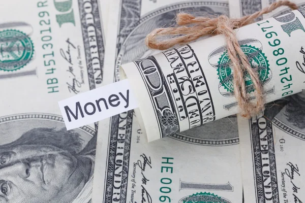 Χρήματα και επιχειρηματική ιδέα, τους λογαριασμούς δολαρίων δεμένο με ένα σχοινί, με ένα σημάδι - χρήματα — Φωτογραφία Αρχείου