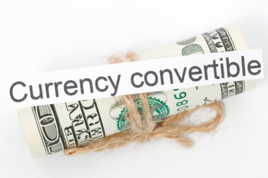 Para ve iş fikri, dolar faturaları Döviz Alım Cabrio işaretiyle - bir ip ile bağlı