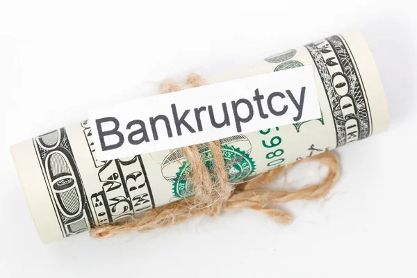 Money and business idea, The dollar bills tied with a rope, with a sign - Bankruptcy — Stock Photo, Image