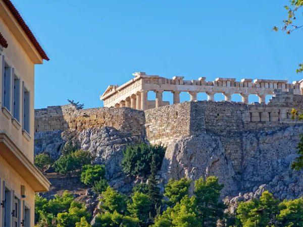 Aten Grekland Ovanlig Utsikt Över Parthenon Antika Templet Från Gatan — Stockfoto