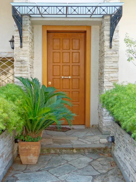 Contemporary House Entrance Wooden Door Flowerpot — Stock Photo, Image
