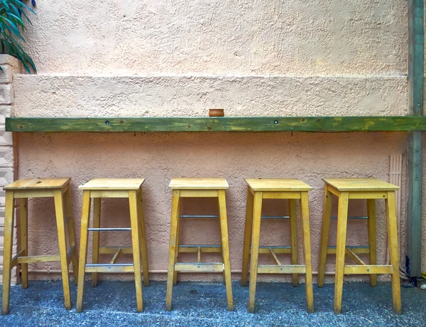 Bar Wooden Stools Row Pale Beige Wall Space Text — Stock Photo, Image