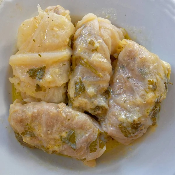 Deliciosos Lahanodolmades Tradicionales Rollos Col Griega Rellenos Carne Visón Arroz — Foto de Stock