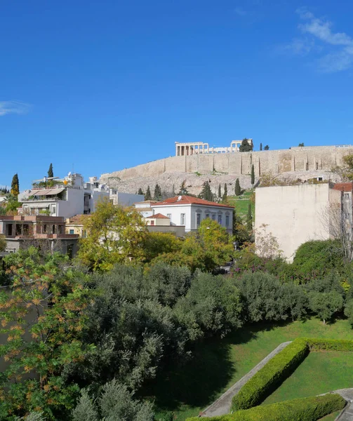 Parthenon Ókori Görög Templom Akropoliszban Athén Alatt Élénk Kék Kilátás — Stock Fotó