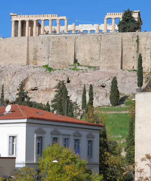 Parthenon Ókori Görög Templom Akropoliszban Athén Alatt Élénk Kék Kilátás — Stock Fotó