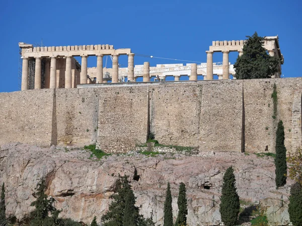 Parthenon Ókori Görög Templom Athén Akropoliszában Élénk Kék Alatt — Stock Fotó