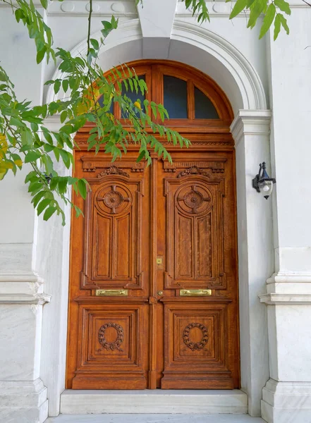 Entrada Casa Vintage Porta Madeira Maciça Atenas Grécia — Fotografia de Stock