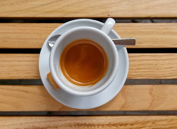 Ζεστό Ιταλικό Καφέ Espresso Ξύλινο Τραπέζι Φόντο — Φωτογραφία Αρχείου