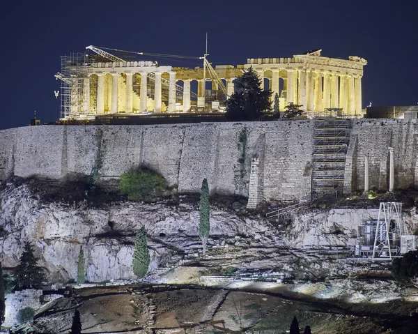 Atene, Grecia, veduta notturna del Partenone sull'Acropoli — Foto Stock