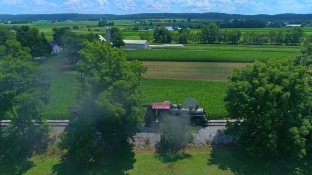 Luftaufnahme Einer Antiken Dampfmaschine Und Caboose Die Über Grüne Farmen — Stockvideo