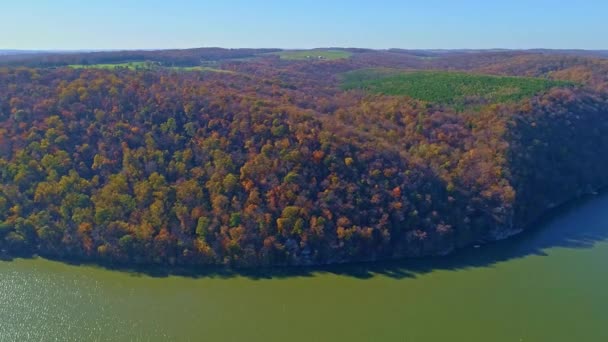 Luftaufnahme Der Farben Der Herbstbäume Entlang Eines Großen Flusses Ein — Stockvideo