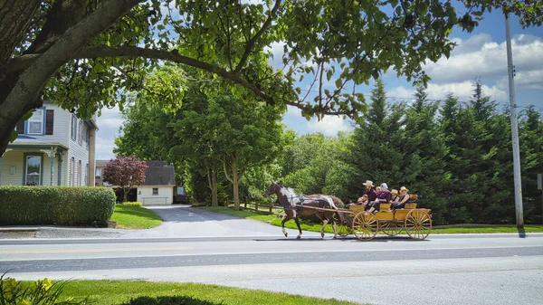 Una grande famiglia Amish a cavallo in un cavallo aperto e Buggy — Foto Stock